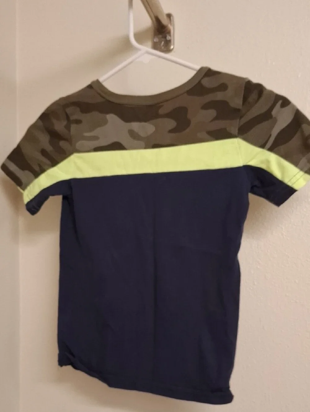 Carter's Navy Tee with Camo Shoulders and Neon Yellow Stripe